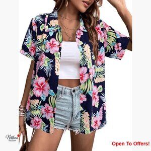 Floral Tropical Print V-Neck Button Up T-Shirt Short Sleeve Cotton Blend